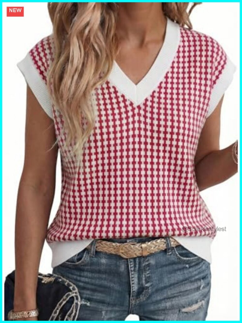 V Neck Short Sleeve Plaid Knit Sweater Vest Loose Fit Tunic Top